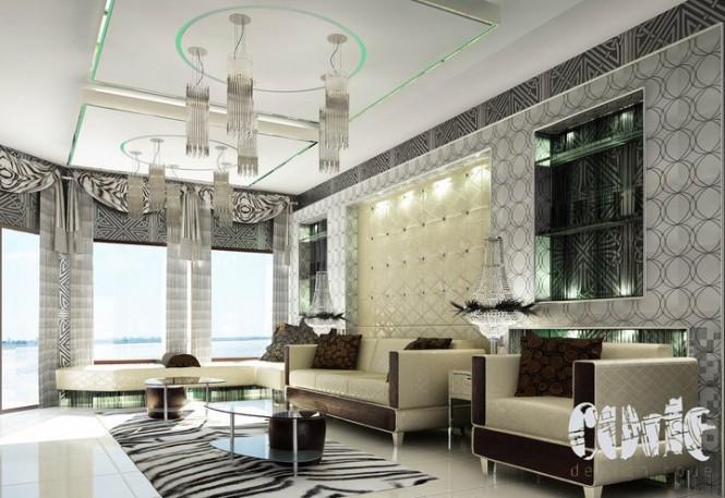 beige couches with graphic decor Geometric design prints decorate the walls and ceiling of this modern living area rendering.